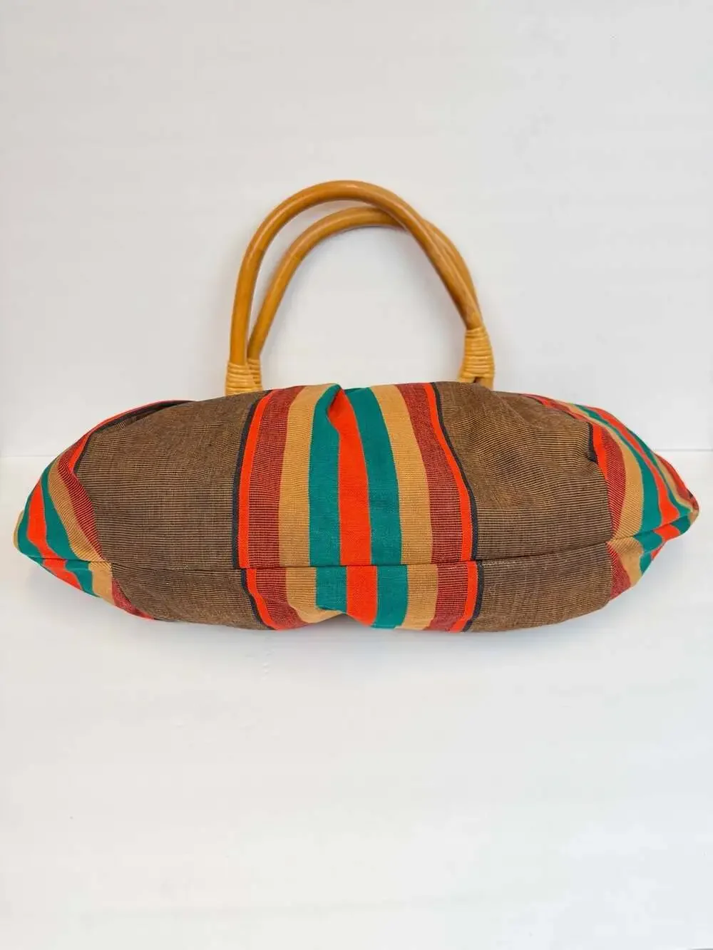 Putu By J. Maclear Bohemian Striped Fabric Hobo Bag with Rattan Handles